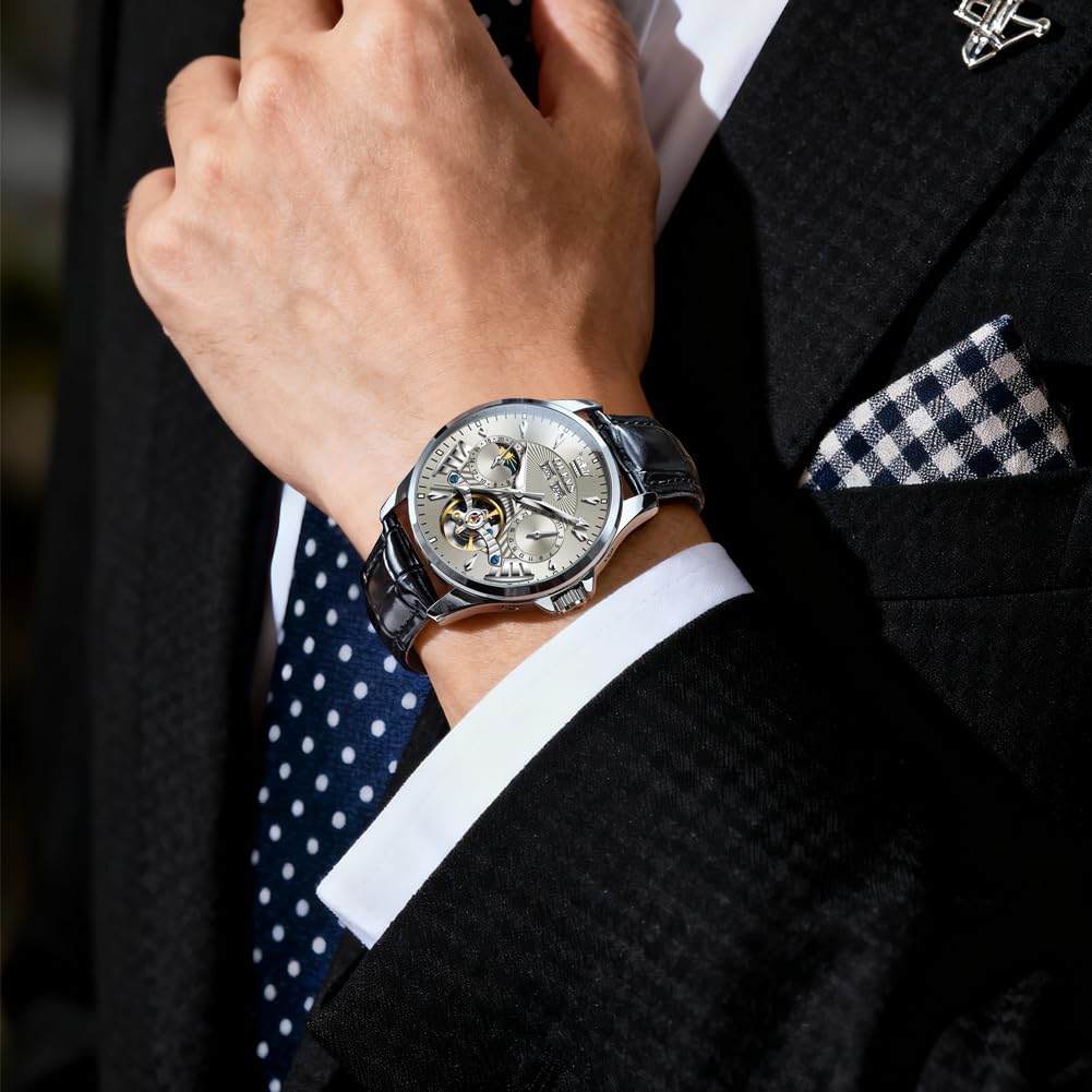Automatic Moon Phase Leather Watch Grey