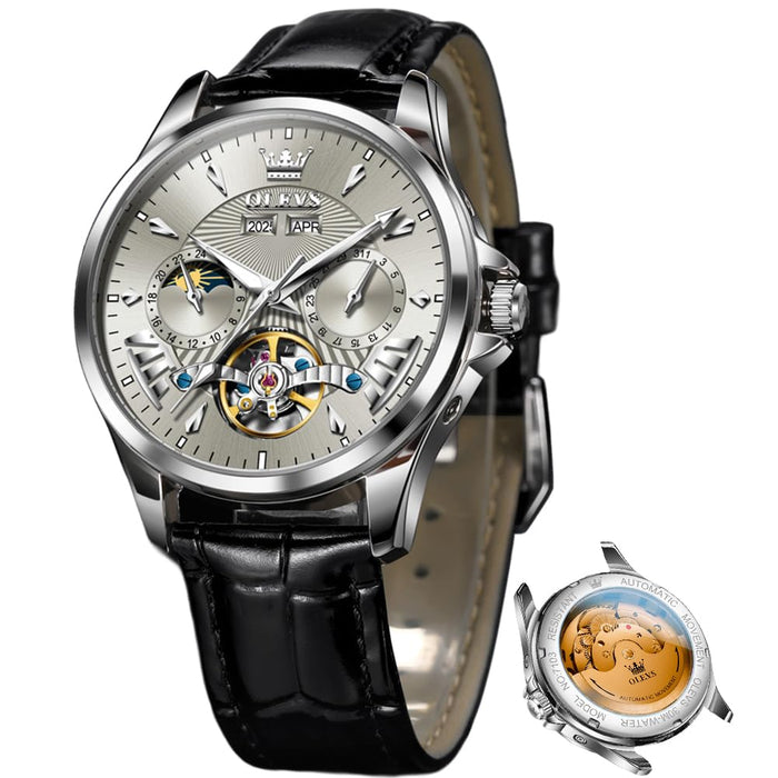 Automatic Moon Phase Leather Watch Grey