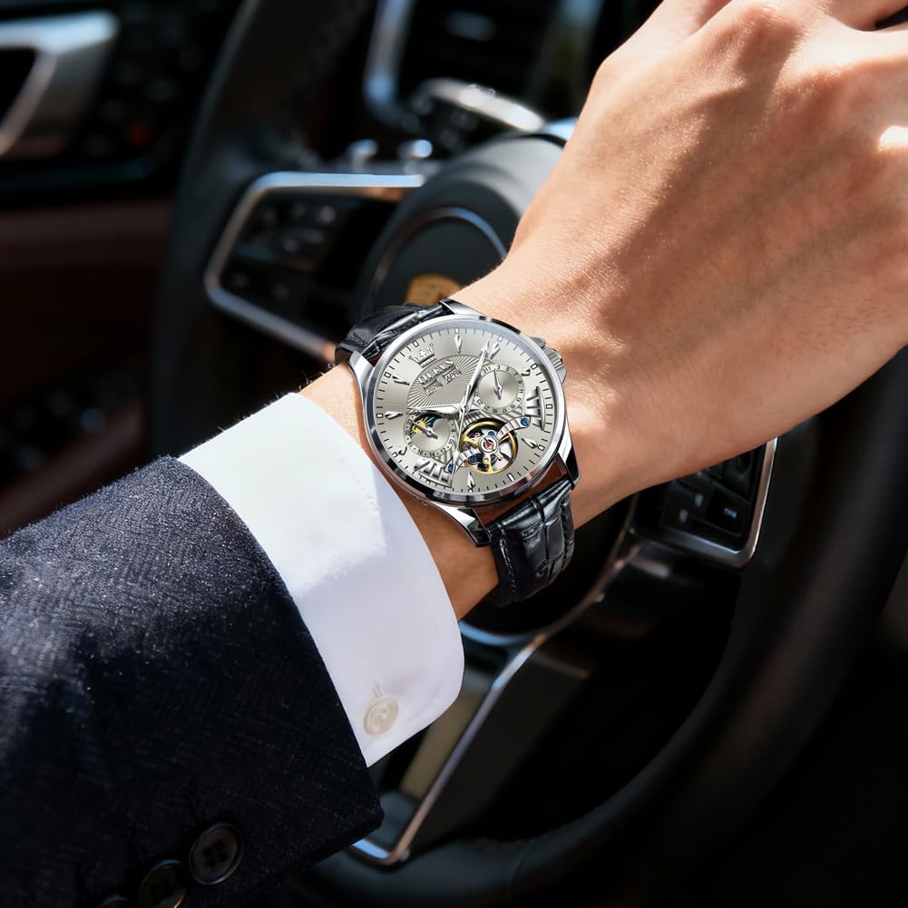 Automatic Moon Phase Leather Watch Grey