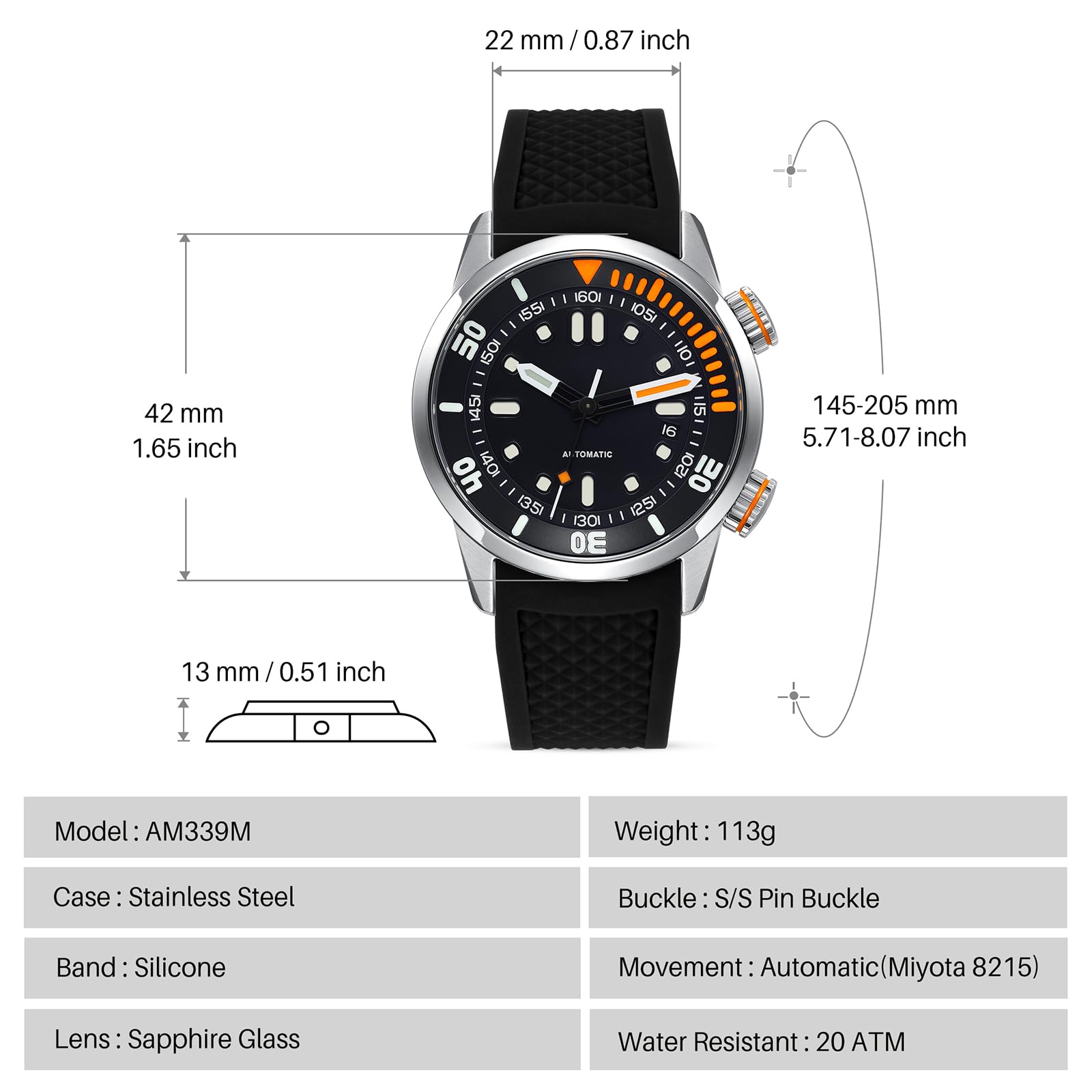 Automatic Dive Watch Black Silicone Strap Sapphire Glass