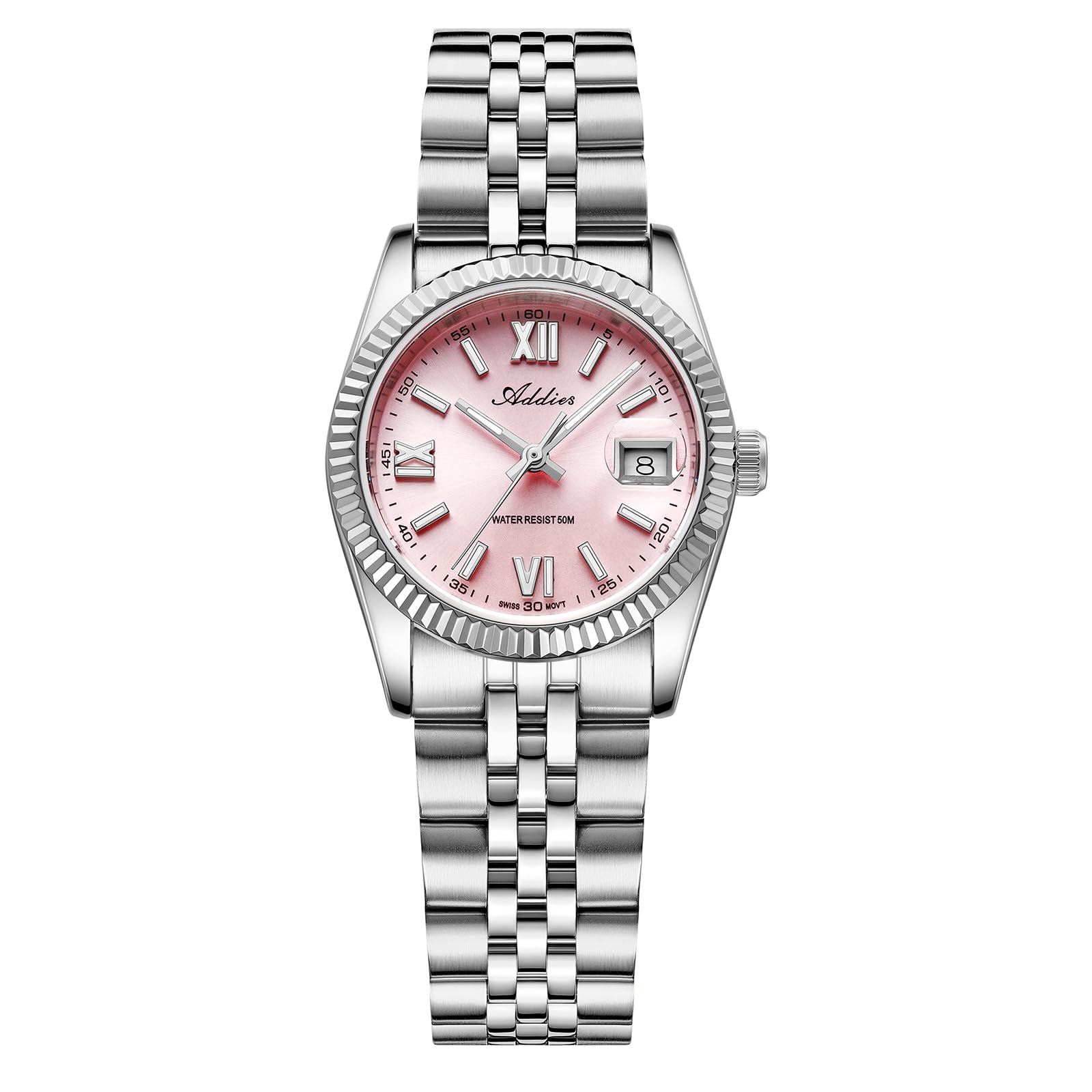 Pink Dial Stainless Steel Watch Luminous Hands