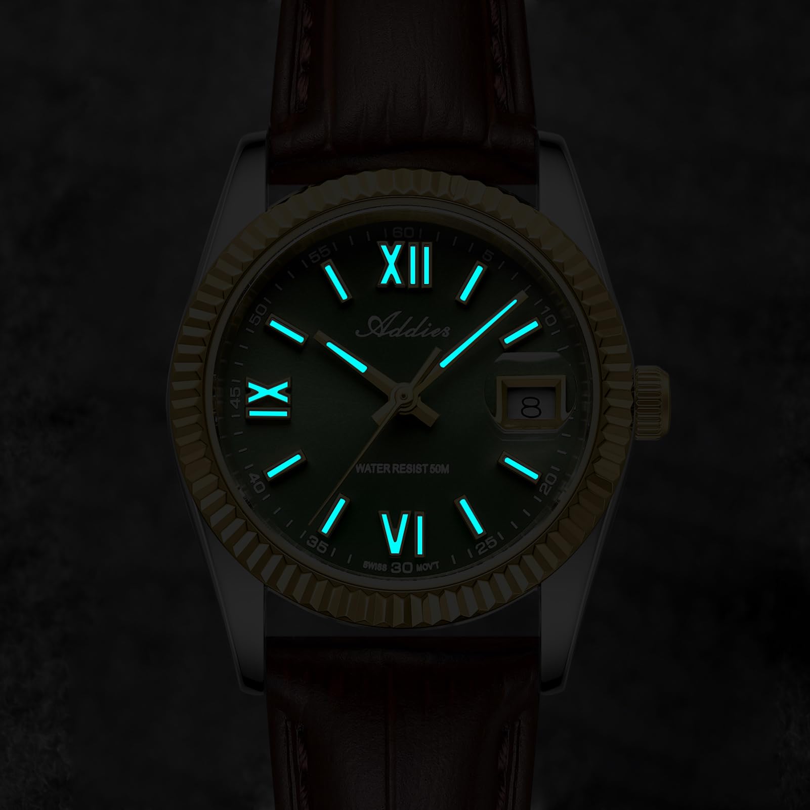 Green Dial Stainless Steel Watch Luminous Hands