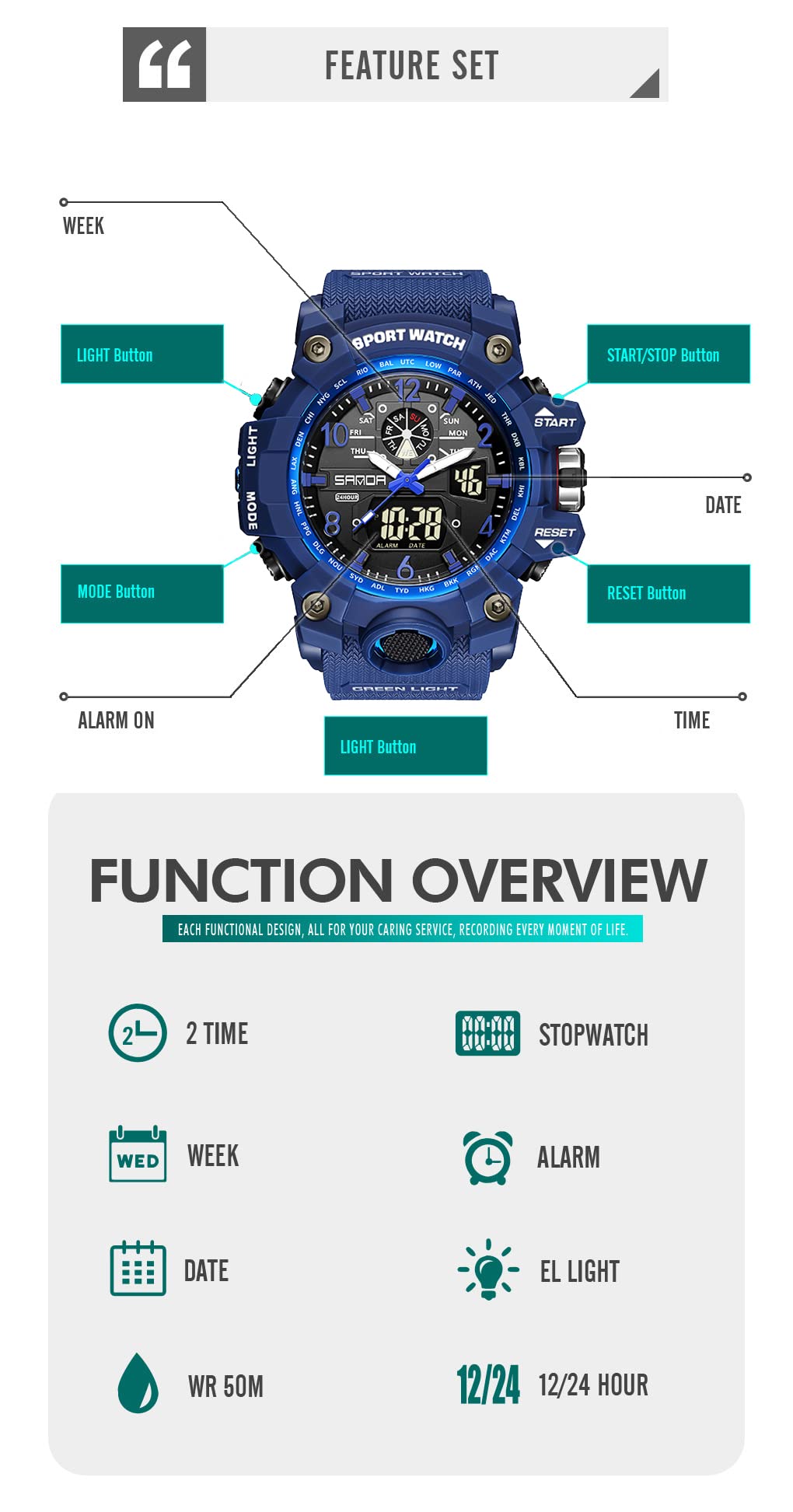 Military Digital Sports Watch Blue Dial