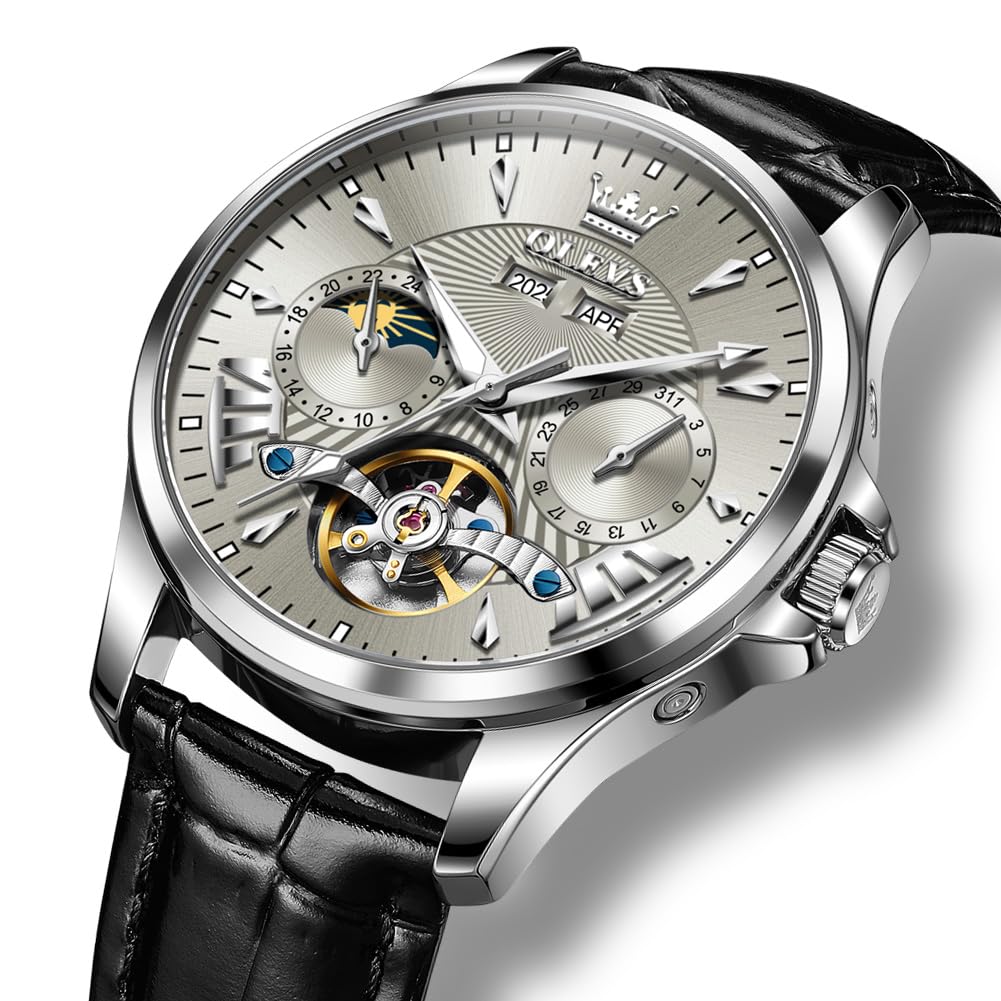 Automatic Moon Phase Leather Watch Grey