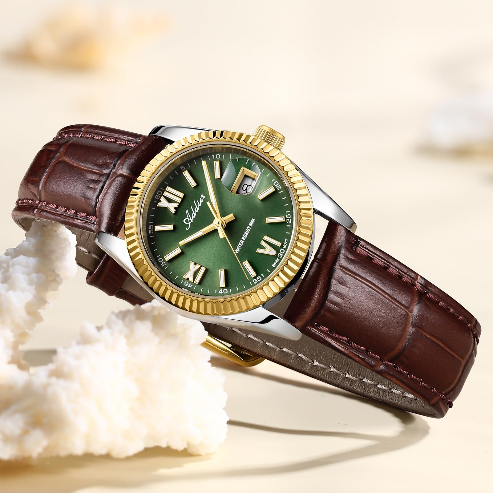 Green Dial Stainless Steel Watch Luminous Hands
