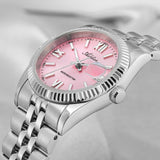 Pink Dial Stainless Steel Watch Luminous Hands