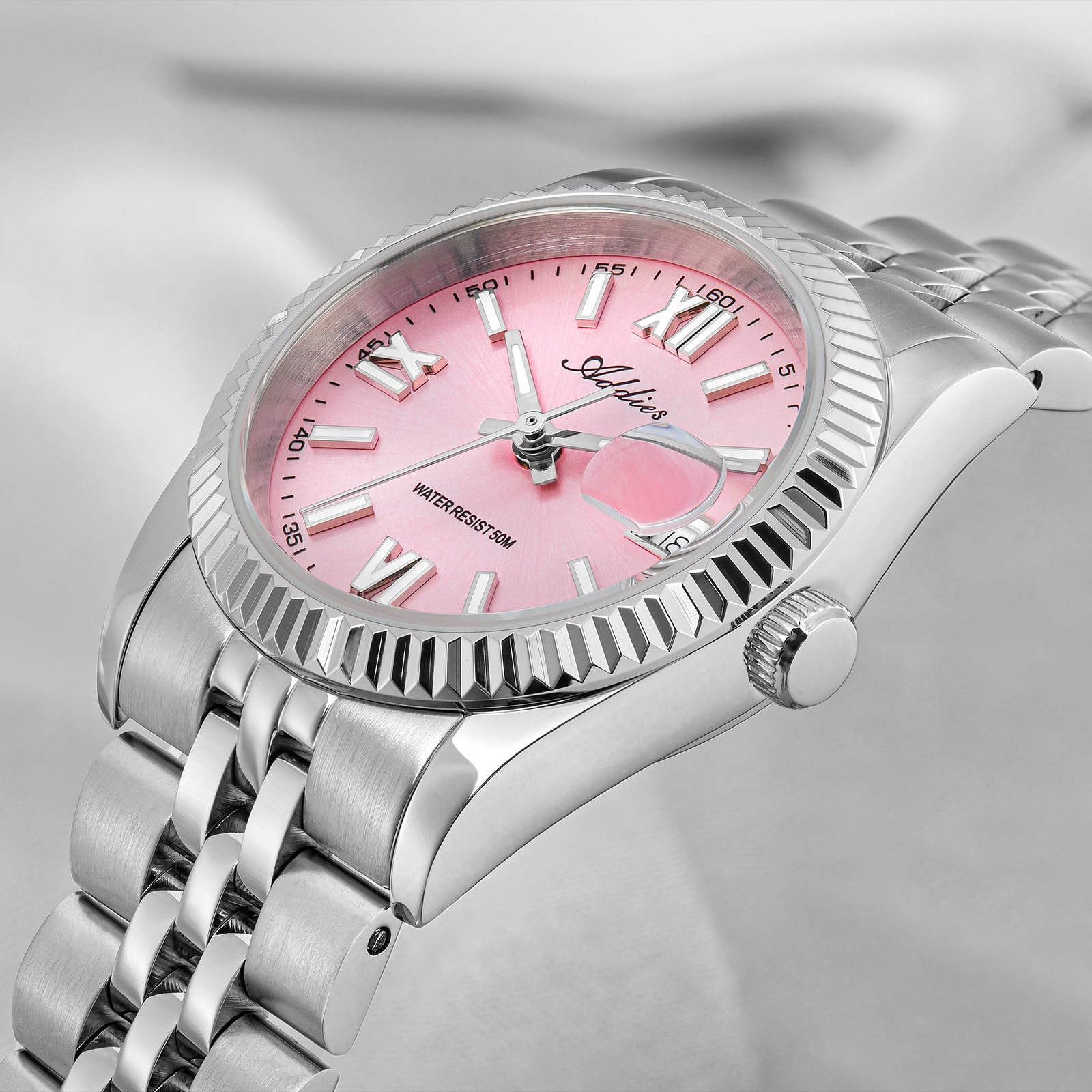 Pink Dial Stainless Steel Watch Luminous Hands