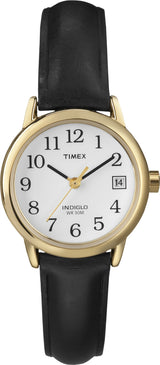 Timex Women's Easy Reader 25mm Watch – Gold-Tone Case White Dial and Date with Black Leather Strap