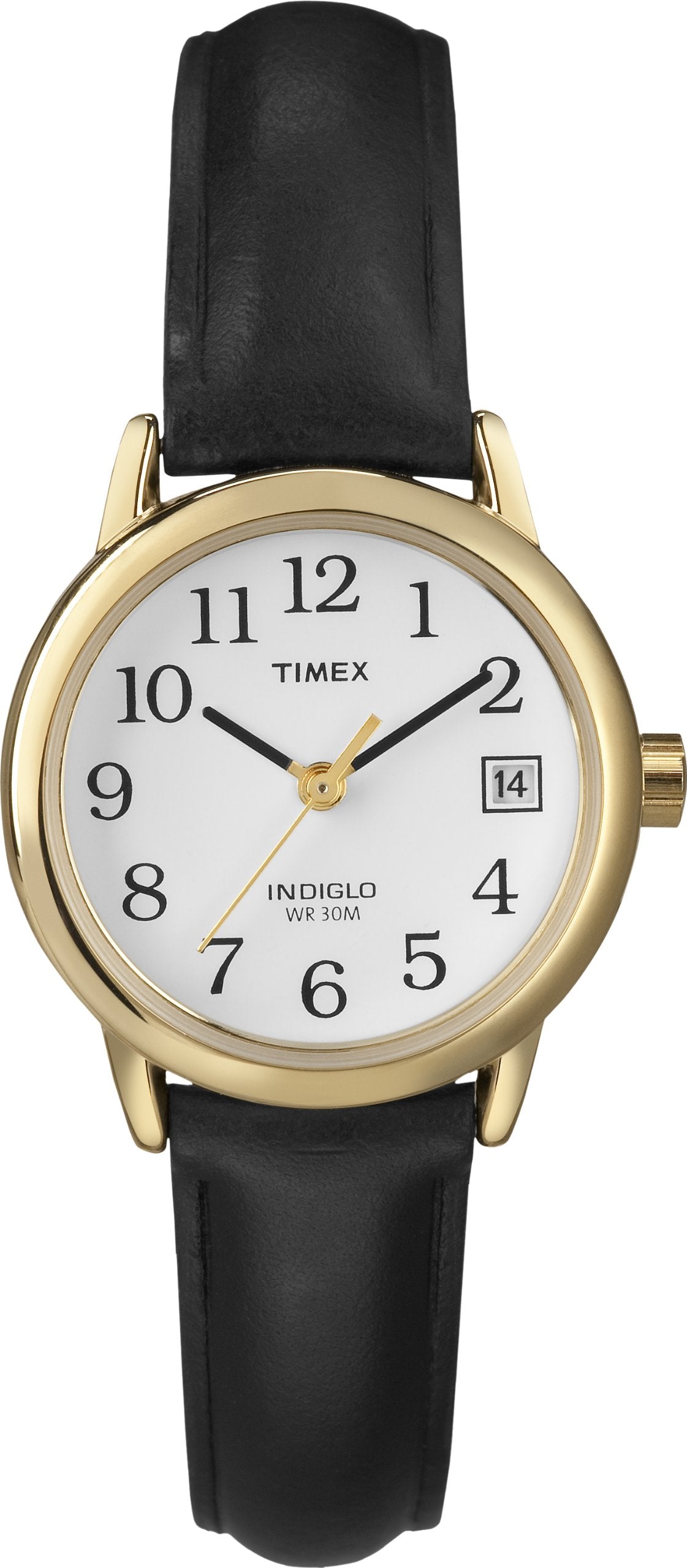 Timex Women's Easy Reader 25mm Watch – Gold-Tone Case White Dial and Date with Black Leather Strap