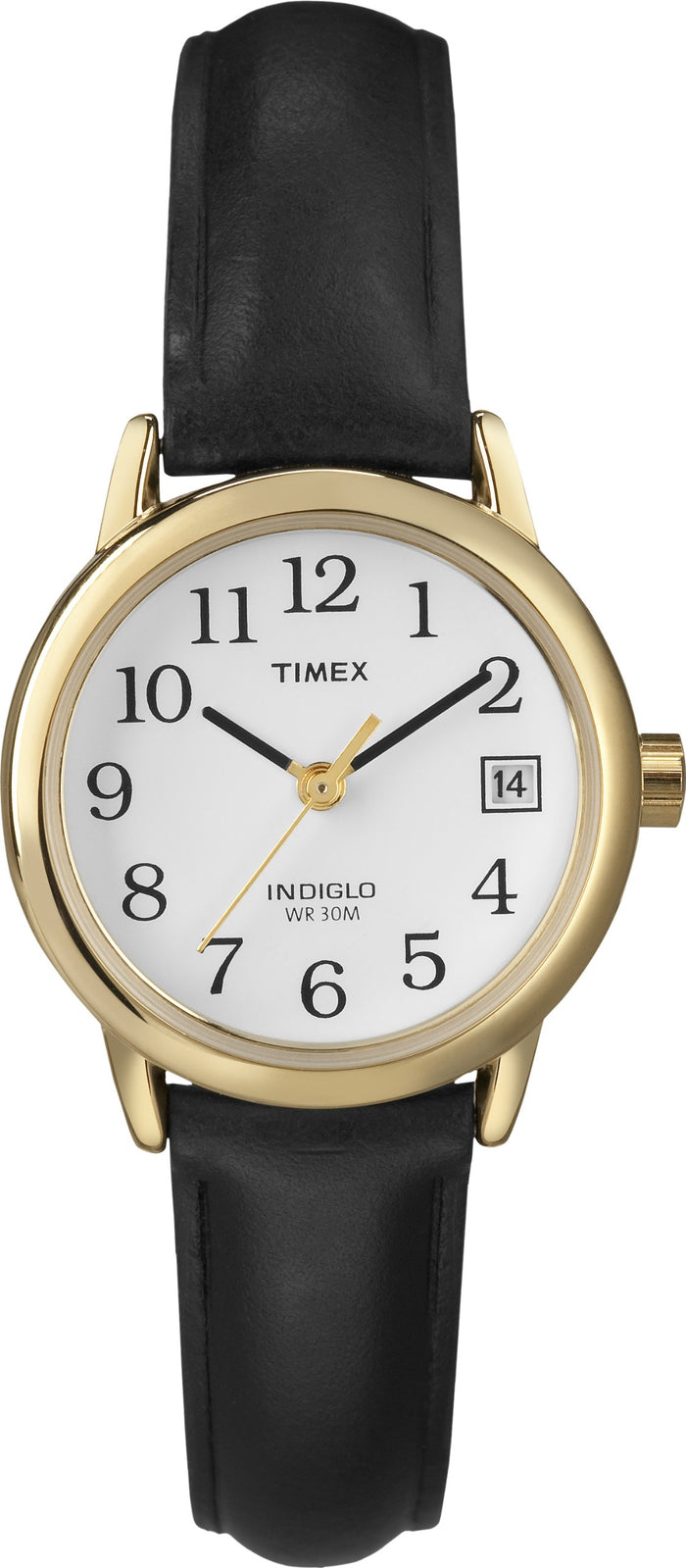 Timex Women's Easy Reader 25mm Watch – Gold-Tone Case White Dial and Date with Black Leather Strap