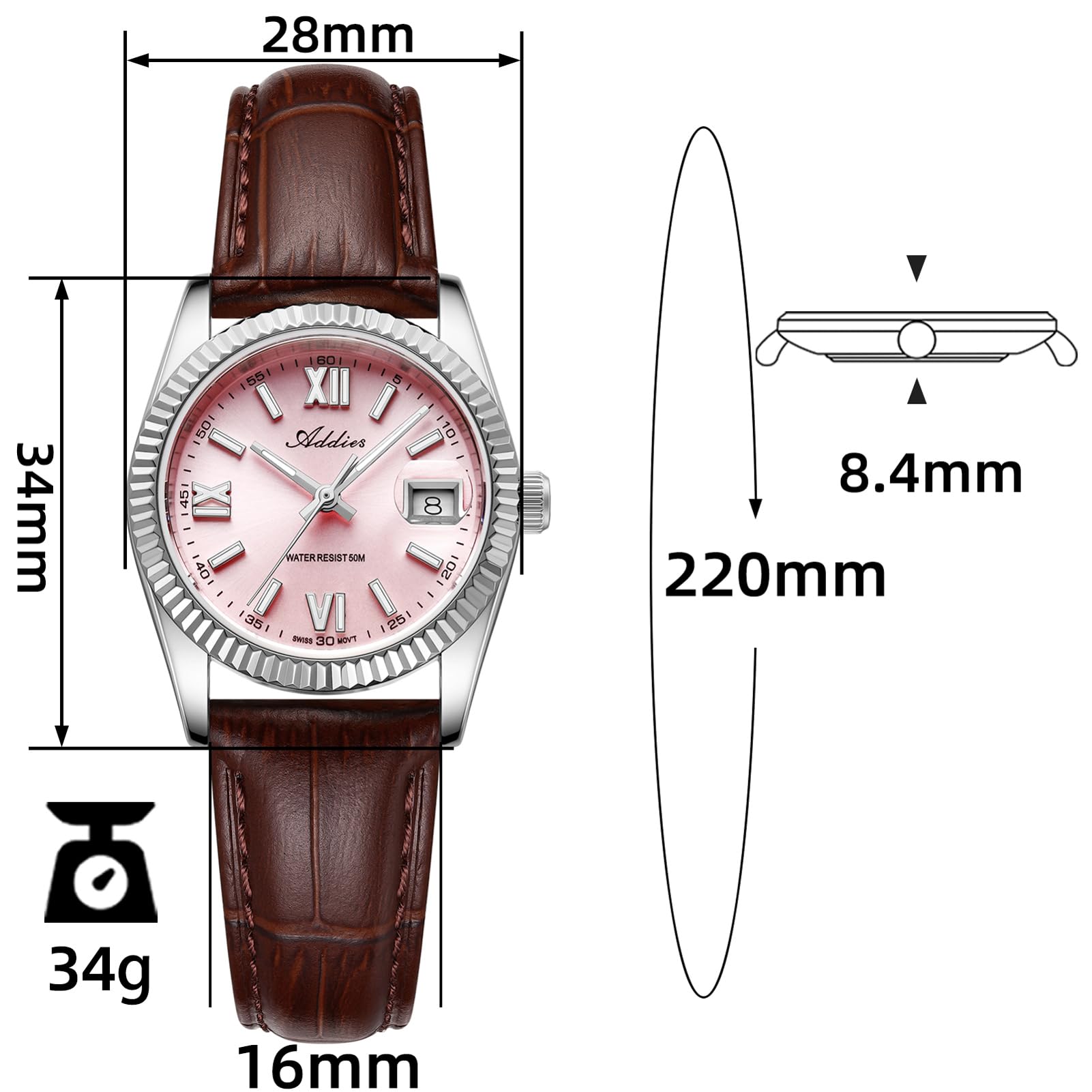 Pink Leather Dress Watch Luminous Dial