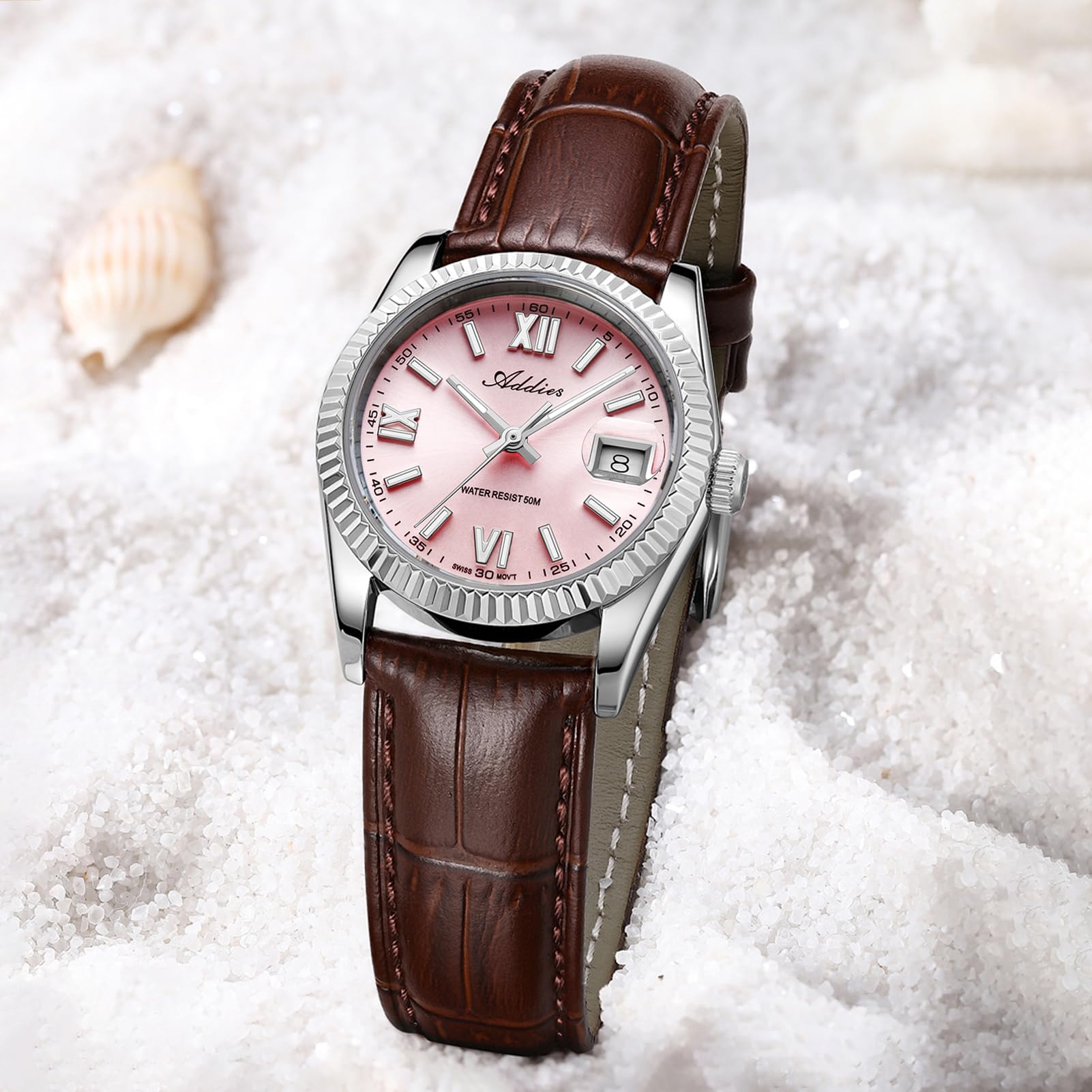 Pink Leather Dress Watch Luminous Dial