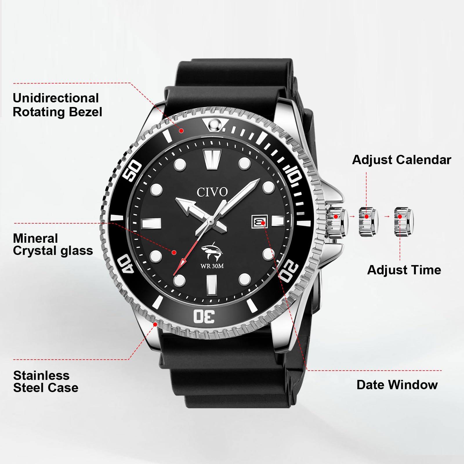 Classic Sports Watch Silicone Strap Black Dial