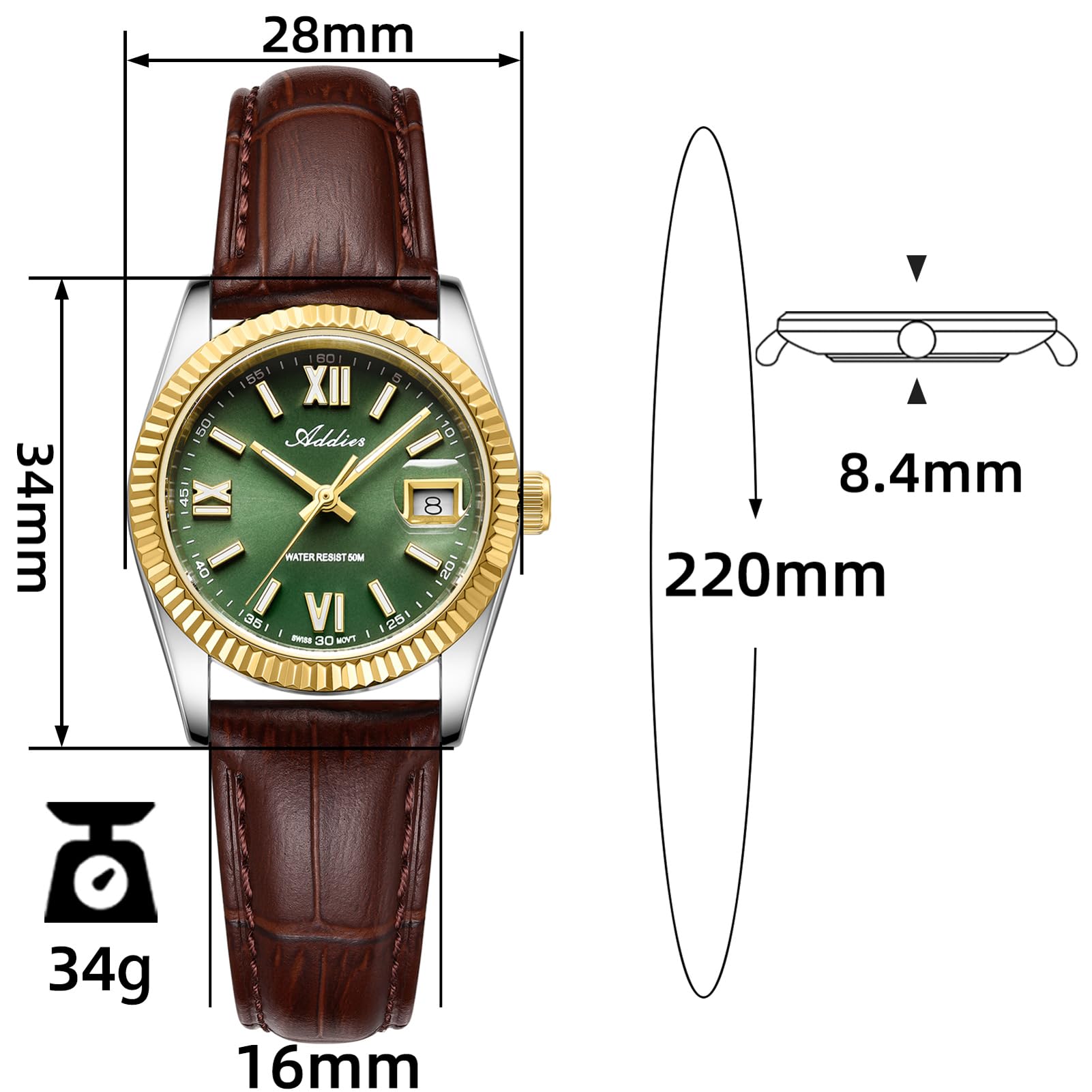 Green Dial Stainless Steel Watch Luminous Hands