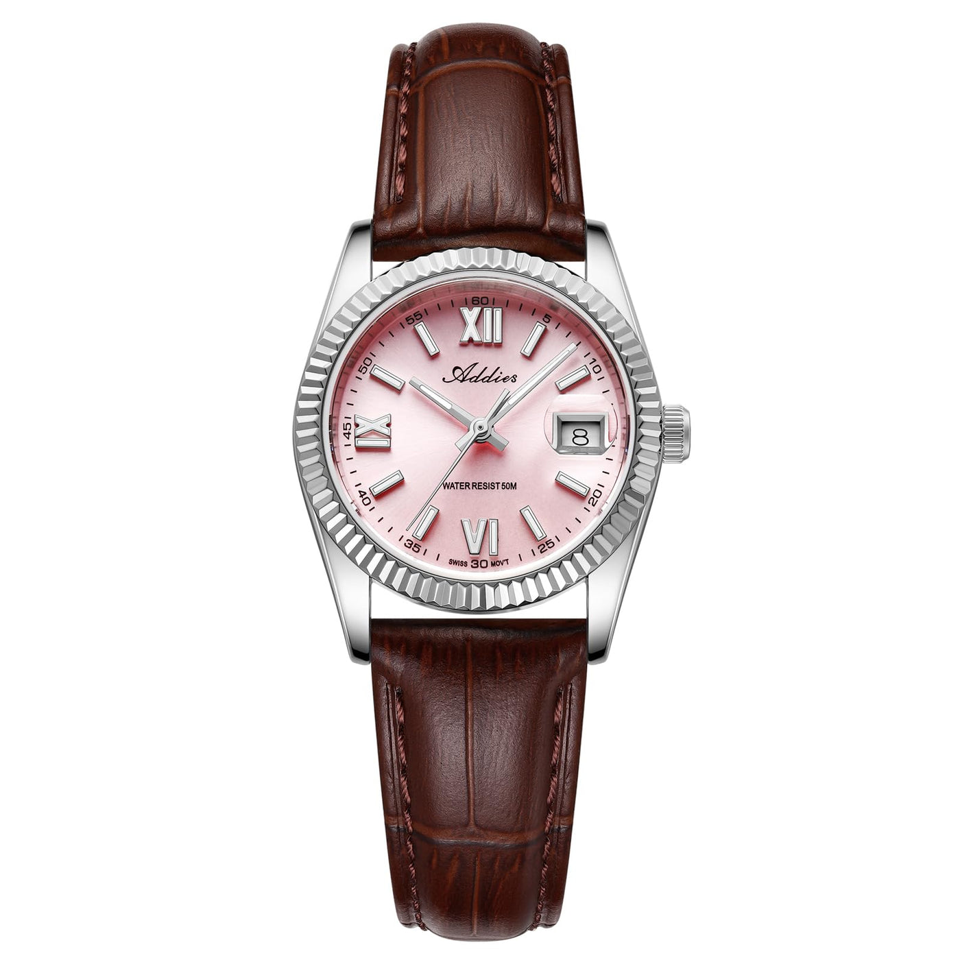 Pink Leather Dress Watch Luminous Dial