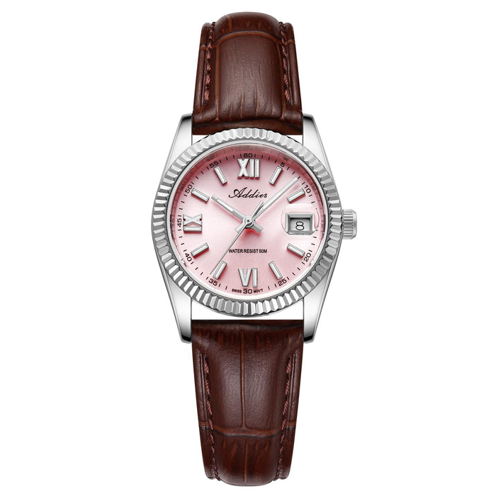 Pink Leather Dress Watch Luminous Dial