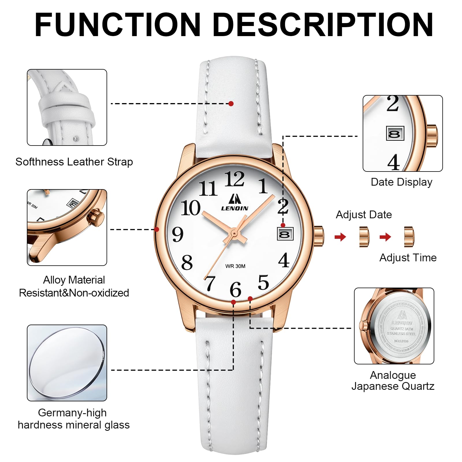 Easy Read Leather Strap Watch Luminous Dial