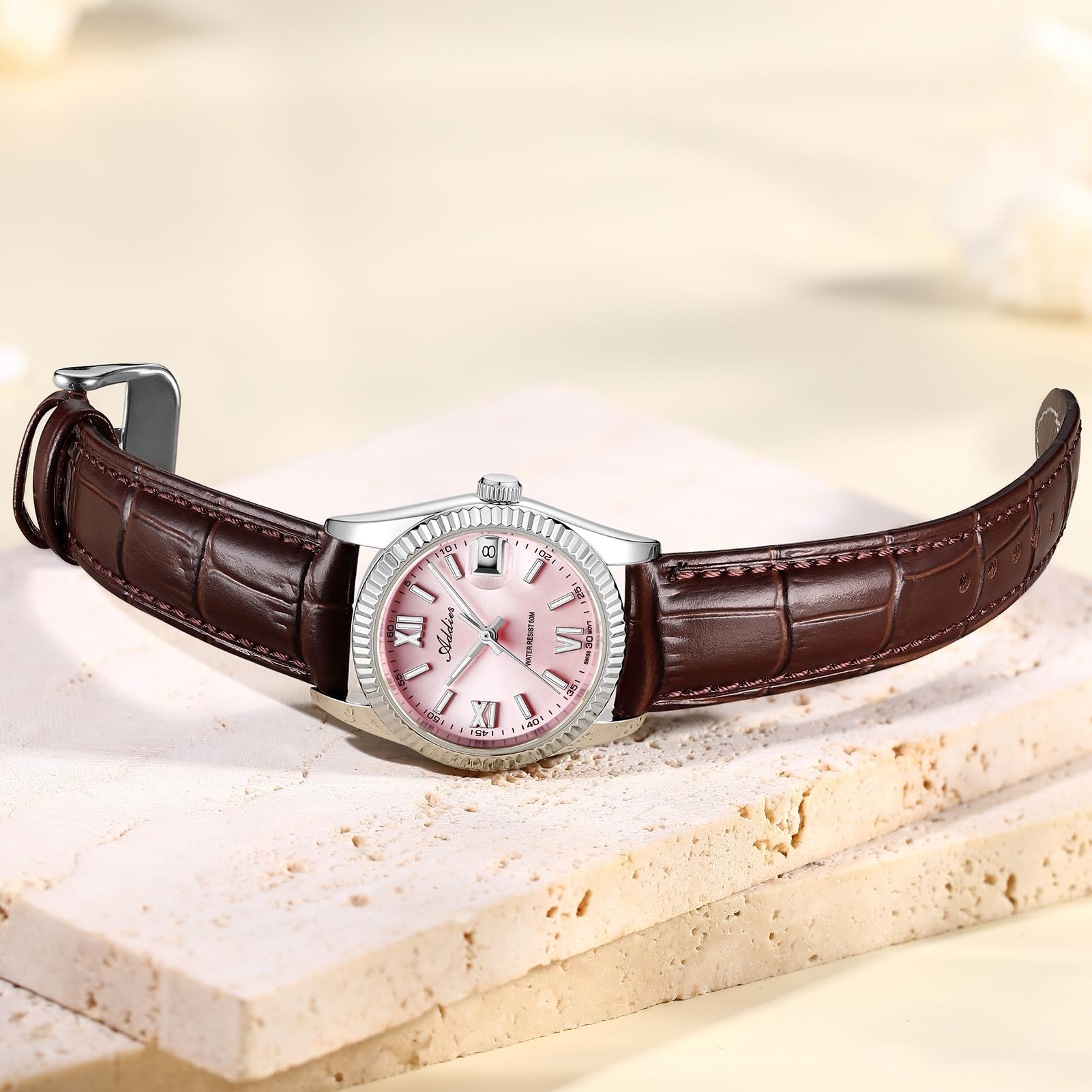 Pink Leather Dress Watch Luminous Dial
