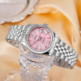 Pink Dial Stainless Steel Watch Luminous Hands