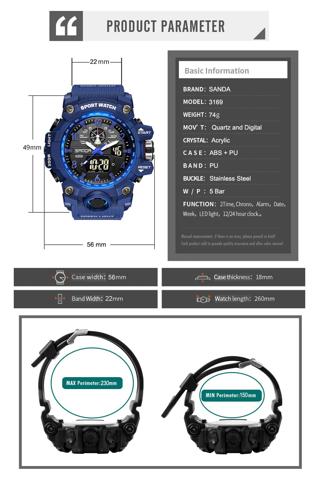 Military Digital Sports Watch Blue Dial