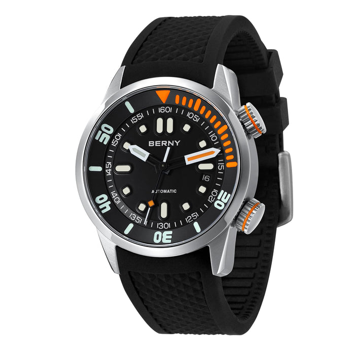 Automatic Dive Watch Black Silicone Strap Sapphire Glass