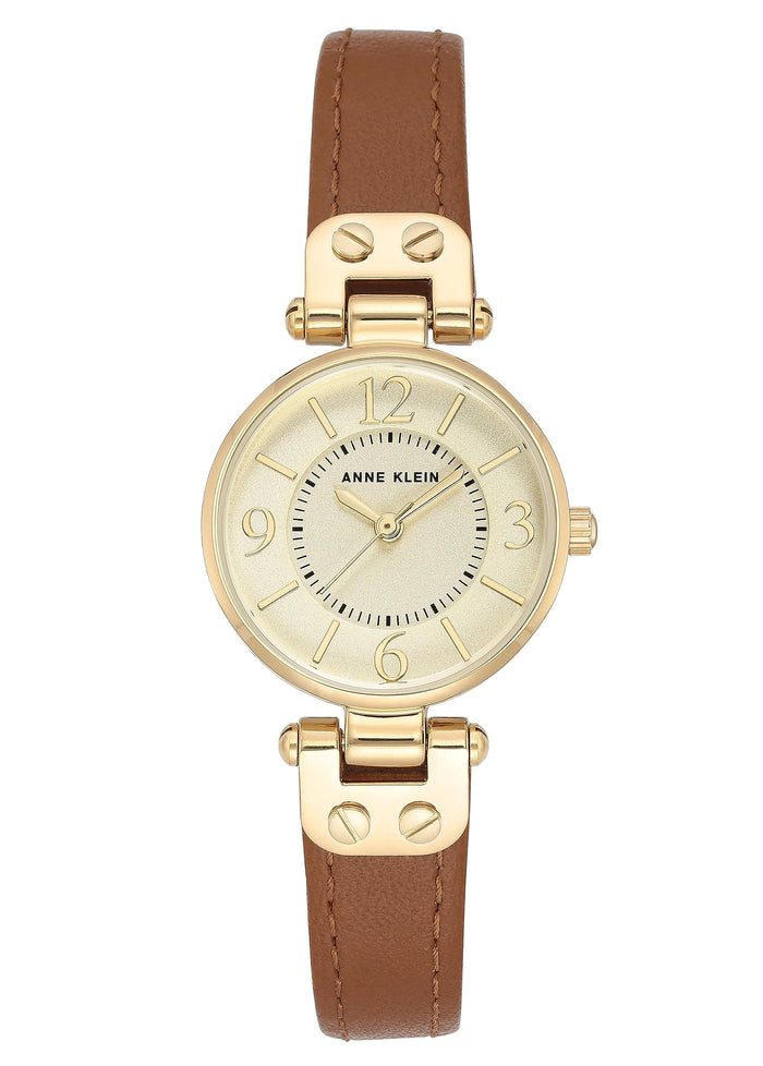 Champagne Dial Leather Strap Watch Gold-Tone