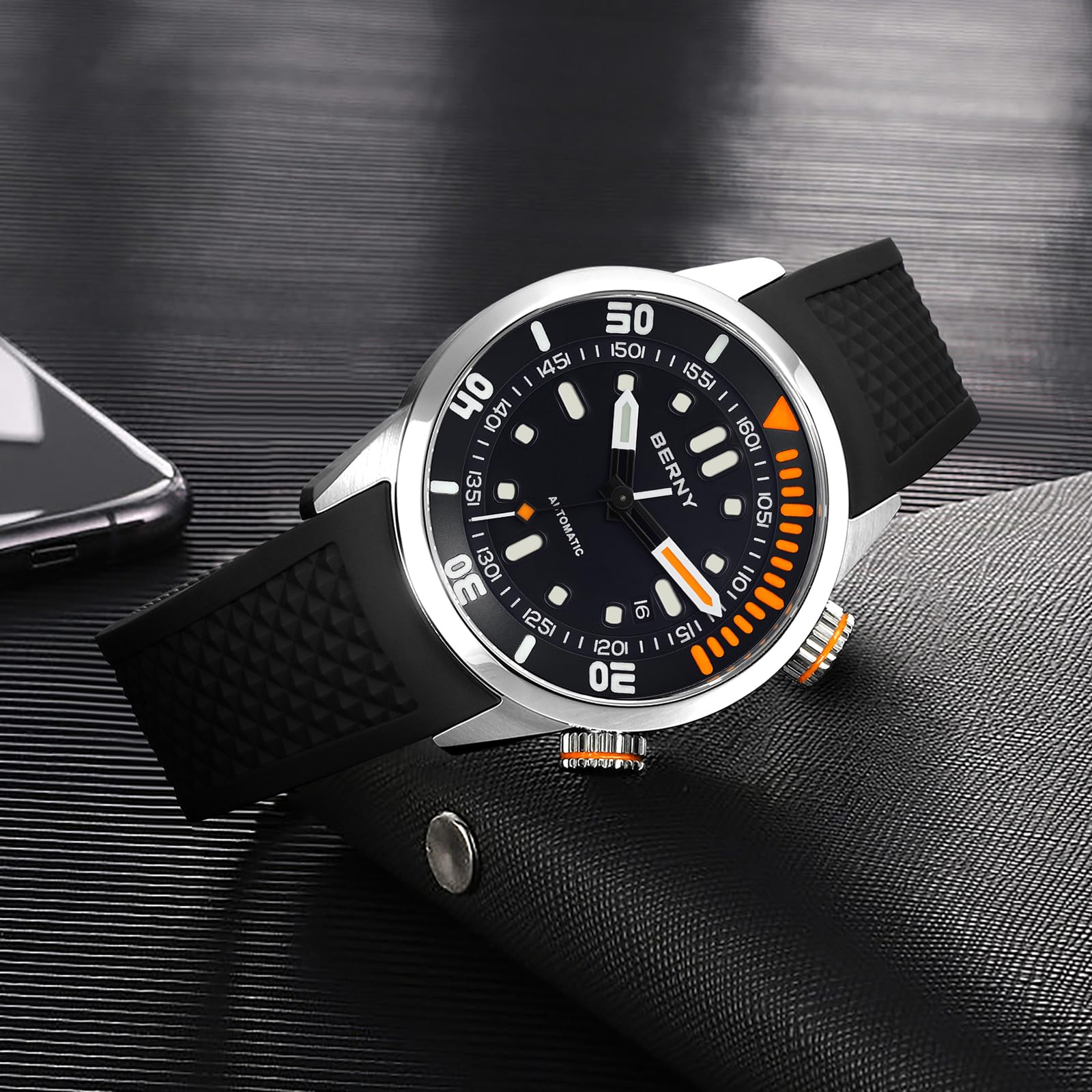 Automatic Dive Watch Black Silicone Strap Sapphire Glass