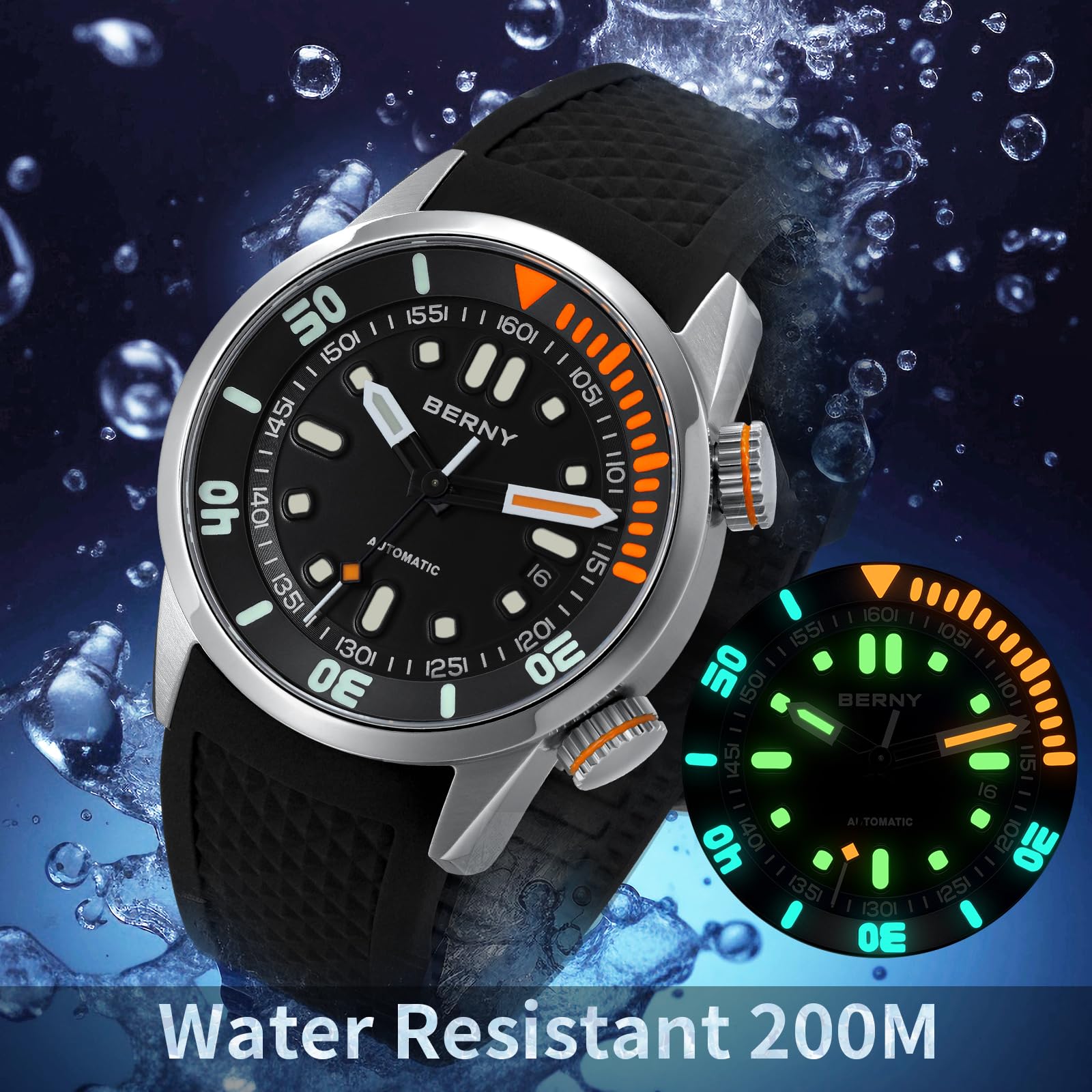 Automatic Dive Watch Black Silicone Strap Sapphire Glass